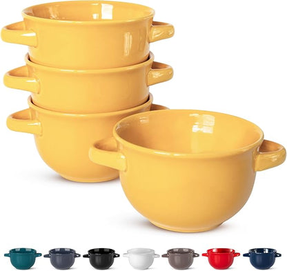 KooK French Onion Soup Bowls, Crocks, Oven Safe Bowls, Soup Mugs, Ceramic Bowls, Dishwasher, Microwave, Set of 4, 18 oz (Yellow)