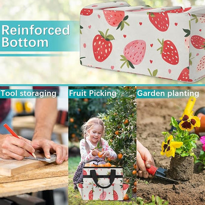Strawberries Gardening Tool Bag,Heavy Duty Garden Tote Bag,Portable Oxford Gardening Storage Basket Organizer Handbag with Pockets Handle,Hand Tools Gifts for Outdoor Garden Lawn Yard
