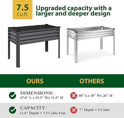 MUPATER Galvanized Steel Raised Garden Bed with Legs, 48" L x 24" W x 32" H Large Metal Elevated Raised Planter Box with Detachable Black Liner for Backyard, Garden, Balcony, Gray