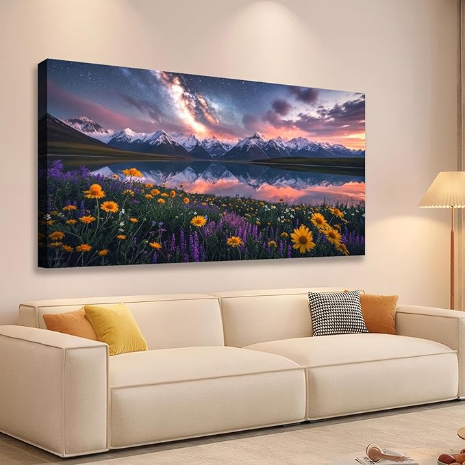JLXART Wall Sunflower Artwork Art Yellow Floral Field Canvas Mountain Landscape Print for Living Room Framed 30x58inch