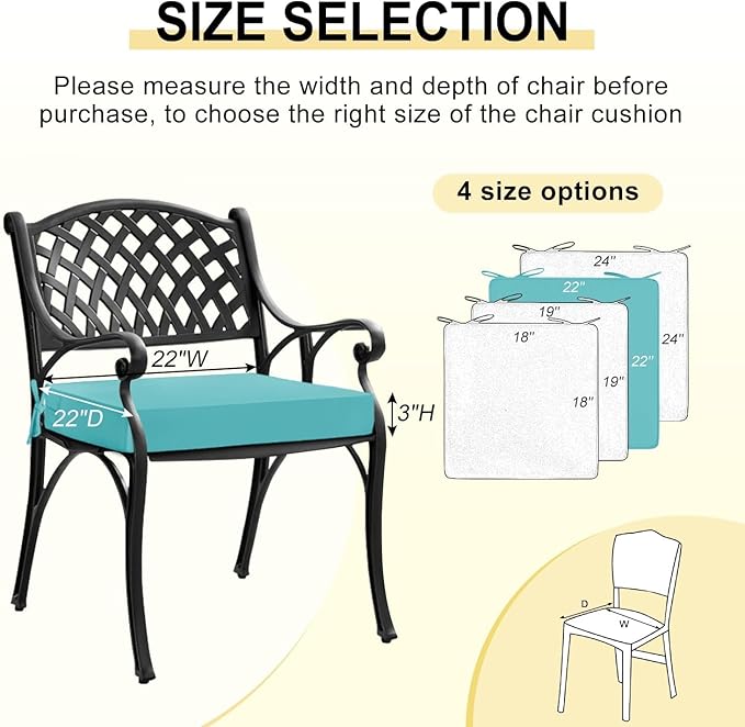downluxe Waterproof Outdoor Chair Cushions for Patio Furniture, 22" x 22" x 3" Patio Chair Cushion with Adjustable Ties & Portable Handle, Square Outdoor Cushion with Removable Cover, Teal, 2 Pack