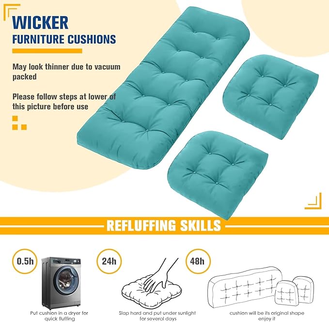 Patio Furniture Cushions Outdoor, Waterproof Wicker Chair Cushions Set of 3, 1 Loveseat & 2 Seat Pads, Thick Outdoor Replacement Cushions for Porch Lawn Bench Couch Sofa Swing, Lake Blue
