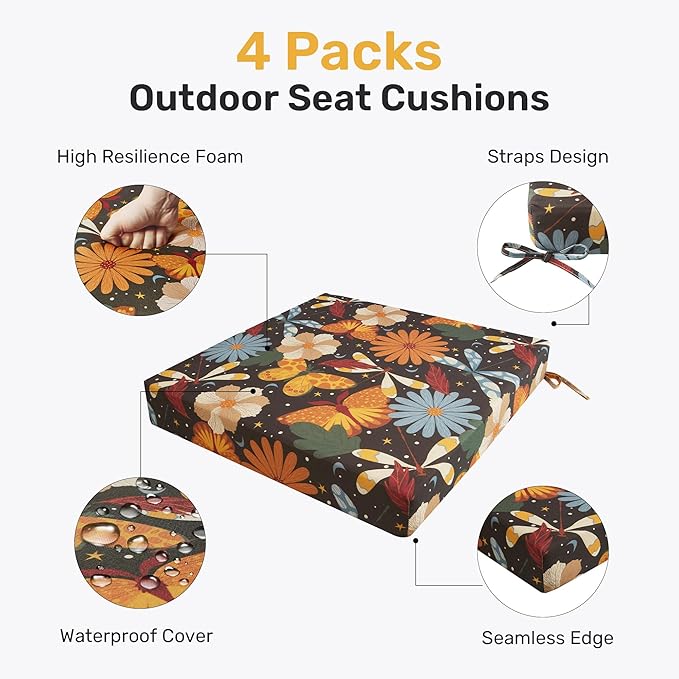 UNIKOME Outdoor Chair Cushions Pack of 4, Water Resistant Patio Cushions with Ties, High Density Sponge Filling Square Corner Seat Cushions for Outdoor Furniture, 24"*24"*4", Flower