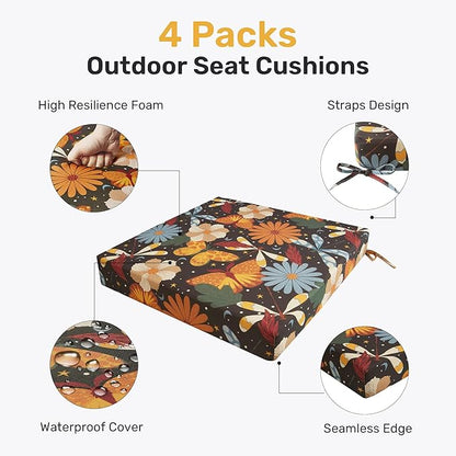 UNIKOME Outdoor Chair Cushions Pack of 4, Water Resistant Patio Cushions with Ties, High Density Sponge Filling Square Corner Seat Cushions for Outdoor Furniture, 24"*24"*4", Flower
