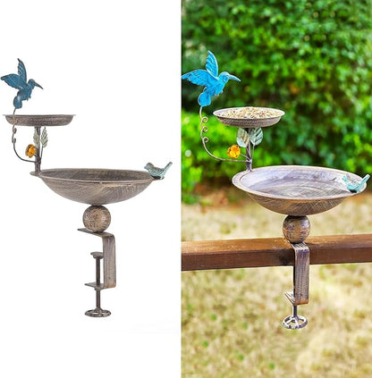 Deck Mounted Bird Bath and Feeder, 2-in-1 Balcony Metal Birdbaths for Deck Railing Outdoors, Adjustable Heavy Duty Clamp for Garden Decor Yard Lawn