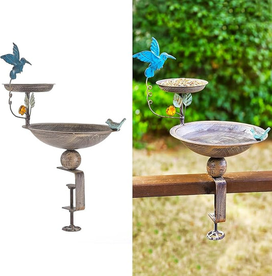 Deck Mounted Bird Bath and Feeder, 2-in-1 Balcony Metal Birdbaths for Deck Railing Outdoors, Adjustable Heavy Duty Clamp for Garden Decor Yard Lawn