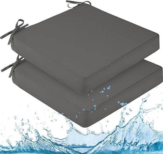 downluxe Waterproof Outdoor Chair Cushions for Patio Furniture, 19" x 19" x 2" Patio Chair Cushion with Non-Slip Ties & Portable Handle, Square Outdoor Cushion with Removable Cover, Dark Grey, 2 Pack