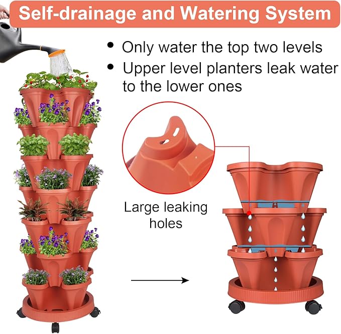 GameXcel Vertical Planter Tower- 7 Tier Stackable Garden Planter with Wheels and Tool Set – Grow Strawberries Herbs Flowers and Vegetables - Indoor Outdoor Use Red
