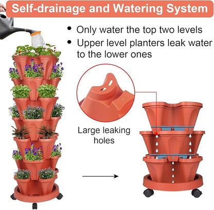 GameXcel Vertical Planter Tower- 7 Tier Stackable Garden Planter with Wheels and Tool Set – Grow Strawberries Herbs Flowers and Vegetables - Indoor Outdoor Use Red
