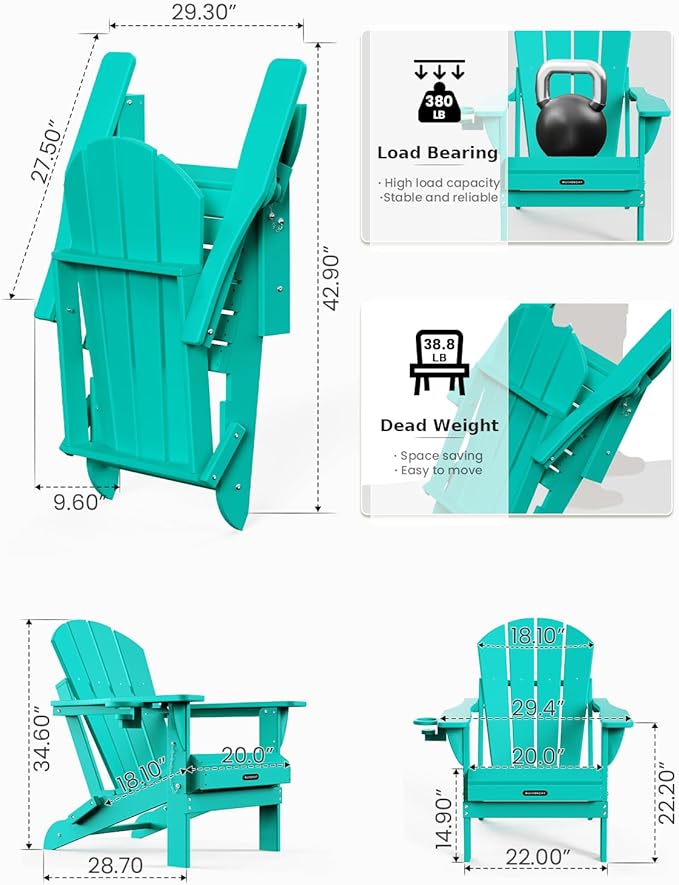 MUCHENGHY Folding Adirondack Chairs, Patio Chairs, Lawn Chairs, Outdoor Chair, Adirondack Chair Plastic, Fire Pit Chairs, Weather Resistant with Cup Holder for Deck, Backyard, Garden(Lake Blue)