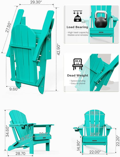 MUCHENGHY Folding Adirondack Chairs, Patio Chairs, Lawn Chairs, Outdoor Chair, Adirondack Chair Plastic, Fire Pit Chairs, Weather Resistant with Cup Holder for Deck, Backyard, Garden(Lake Blue)