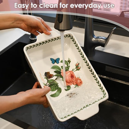 ACMLIFE Ceramic Casserole Dish Set, Ceramic Baking Dish for Oven, Casserole Dish Bakeware Set, Casserole Dishes for Oven, Lasagna Pan, Large Baking Dishes with Handles, Microwave, Dishwasher Safe, Gift Packaging Floral 2 Pcs Set(13"x8"+10.3"x6.3") (Rose)