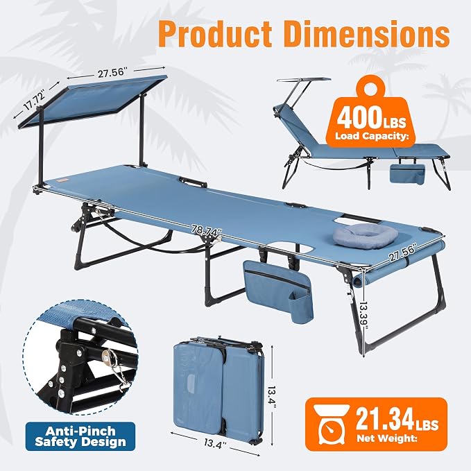Tanning Chair with Face Hole & Canopy, 28'' Extra Wide, Blue | Folding Chaise Lounge Chair with 4-Position Adjustable Backrest for Beach, Pool, Patio & Camping