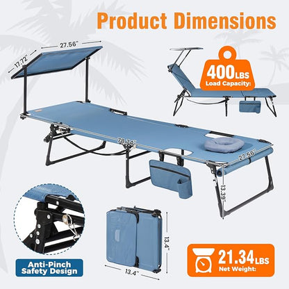 Tanning Chair with Face Hole & Canopy, 28'' Extra Wide, Blue | Folding Chaise Lounge Chair with 4-Position Adjustable Backrest for Beach, Pool, Patio & Camping