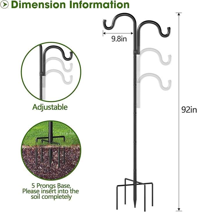 Double Shepherds Hooks for Outdoor, 92" Heavy Duty Bird Feeder Pole with 5 Prong Base, Adjustable Shepherds Hook for Bird feeders Outside, Garden, Weddings, Hanging Plants, 2 Pack, Black