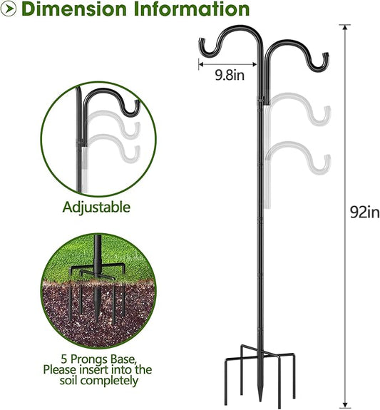 Double Shepherds Hooks for Outdoor, 92" Heavy Duty Bird Feeder Pole with 5 Prong Base, Adjustable Shepherds Hook for Bird feeders Outside, Garden, Weddings, Hanging Plants, 2 Pack, Black