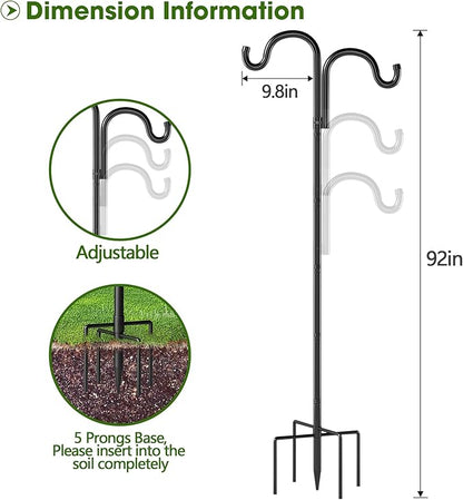 Double Shepherds Hooks for Outdoor, 92" Heavy Duty Bird Feeder Pole with 5 Prong Base, Adjustable Shepherds Hook for Bird feeders Outside, Garden, Weddings, Hanging Plants, 1 Pack, Black
