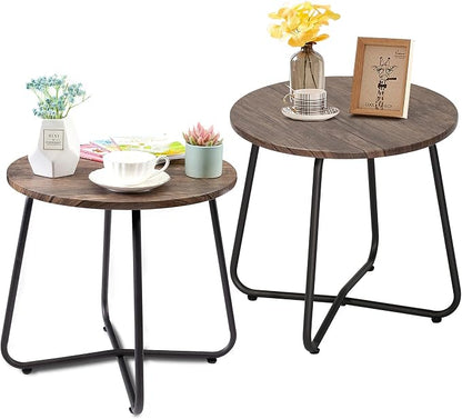 VECELO 17.7 inch Small Round Outdoor Side Table,Patio End Table,Waterproof Wood Table with Weather Resistant Steel Adjustable Feet for Living Room Bedroom Garden Yard Balcony Porch Poolside