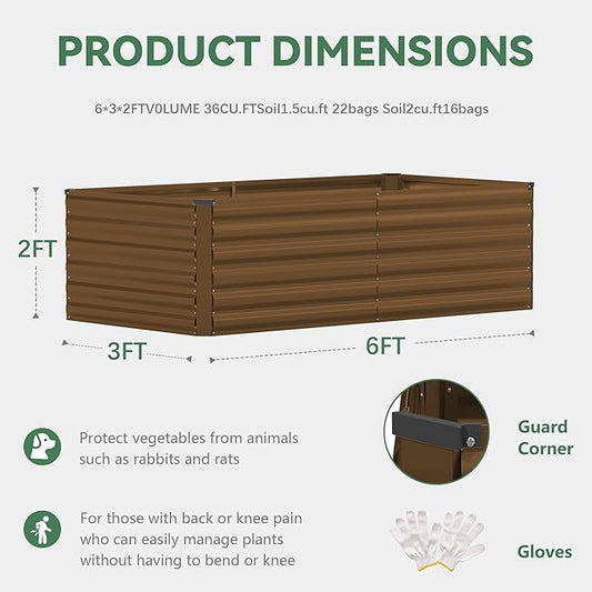 FOOWIN 4pcs 6x3x2ft Galvanized Raised Garden Bed, Planter Raised Garden Boxes Outdoor, Large Metal Raised Beds for Gardening, Garden Bed for Vegetables, Flowers, Herb,269 Gallon Capacity, Brown