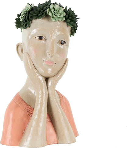 Deco 79 Resin Woman Indoor Outdoor Planter Bust Large Planter Pot with Succulent Crown and Orange Top, Planter 10" x 8" x 17", Beige