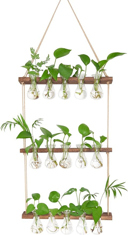 XXXFLOWER Wall Hanging Propagation Station with Wooden Stand 5 Bulb Vase 3 Tiers Planters Wall Terrarium for Home Office Plant Hanger Flower Vases Wall Decor(Brown)