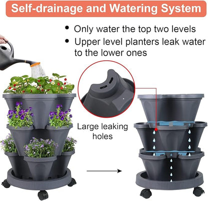 GameXcel Vertical Planter Tower- 3 Tier Stackable Garden Planter with Wheels and Tool Set – Grow Strawberries Herbs Flowers and Vegetables - Indoor Outdoor Use Dark Gray