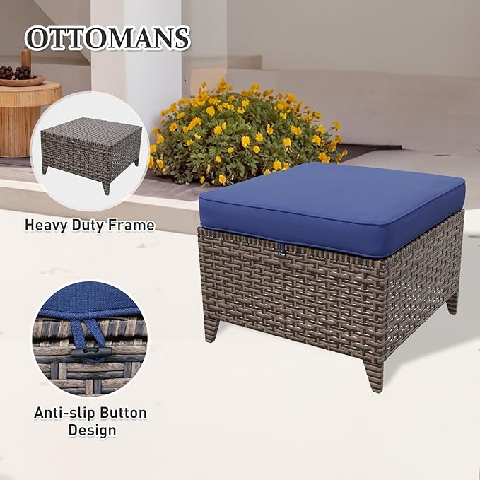 Canyon Ridge Wicker Patio Sofa with 2 Ottomans, Small Balcony Furniture, Outdoor Furniture Set, 3 Seat Couch, Brown/Blue
