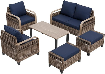 COOS BAY Modern Wicker Outdoor Furniture Set, Patio Conversation Set with Patio Chairs, 2 Seat Loveseat, Ottomans, and Coffee Table, 6 Piece, Brown/Blue