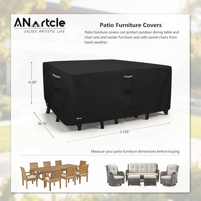 ANartcle Patio Furniture Covers 126L x 74W x 28H inch,600D Waterproof Heavy Duty Outdoor Furniture Covers,Outdoor Wicker Furniture Set with Swivel Patio Chairs General Purpose Furniture Cover,Black