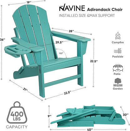 Adirondack Chair Set of 2, HDPE Folding Adirondack Chair with Multifunctional Cup Holder, Weather Resistant Fire Pit Chair for porches, patios, patios, poolsides, Decks.