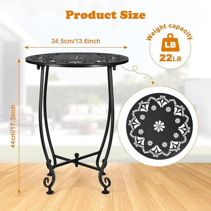 14 Inch Outdoor Side Tables for Patio, Weather Resistant Steel Patio Side Table, Small Round Outdoor End Table Metal Side Table for Patio Yard Balcony Garden Black (Color3-Flowers)