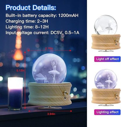 Music Box, 3D Crystal Ball Music Box with RGB Light Projection, 360 Rotating Wooden Base Night Light, Best Gift for Valentine's Day Birthday Girls Boys Women Mom, Room Decor