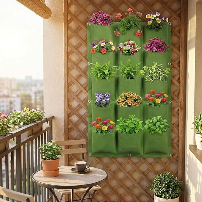 WFIST Vertical Hanging Planter Bag, Breathable Felt Wall Garden Planter with Metal Grommets, Indoor/Outdoor Space-Saving Herb & Flower Growing Pouch (18-Pocket)