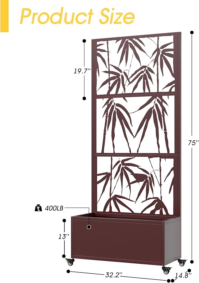 Metal Mobile Planter Box with Trellis, 75"x 32"x 15" Moblie Planter Box Trellis with Privacy Screen, Drainage Holes and 4 Lockable Wheels, Brown, Bamboo Style
