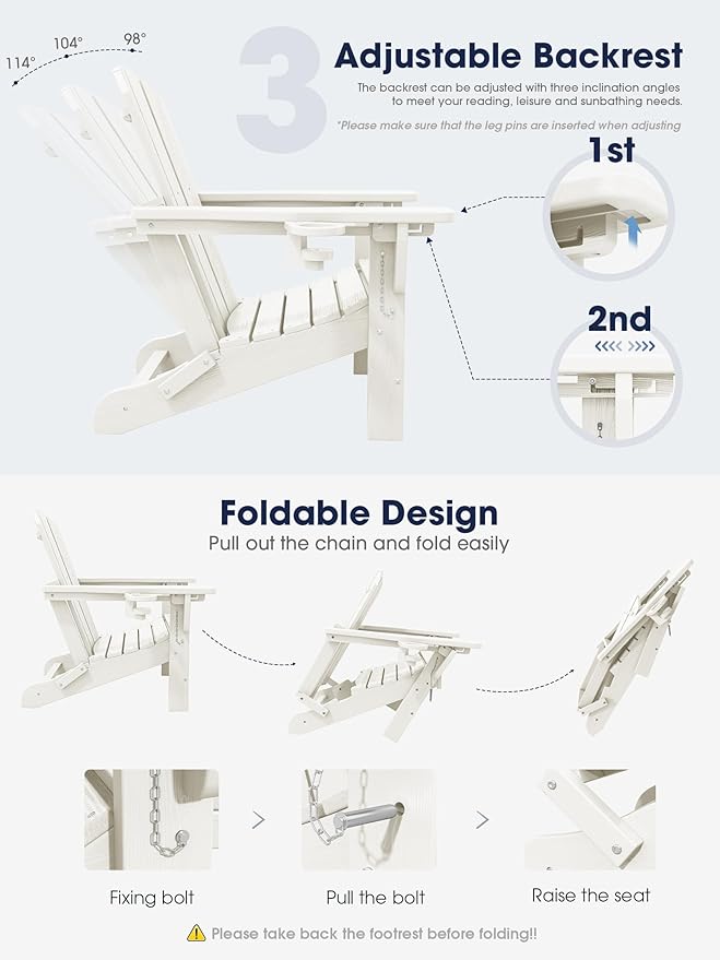 KINGYES Folding Adjustable Adirondack Chair with Ottoman & 2 Cup Holders Set of 4, HDEP Multifunctional Adirondack Chair with Footrest, White