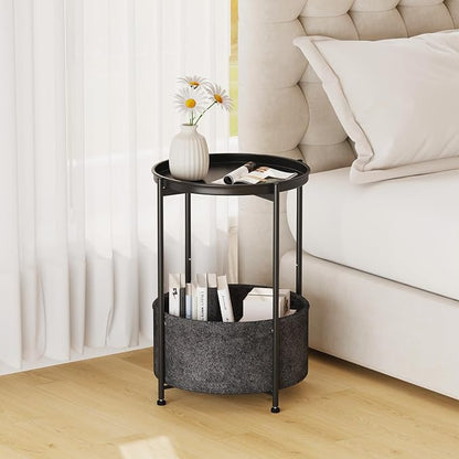 Garden 4 you Small Side Table, Mini Round End Table, Black Tray Table with Fabric Storage Basket, Modern Nightstand for Living Room, Bedroom, Patio, Small Space, 2pcs