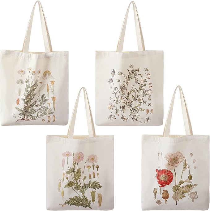 4 Pieces Floral Canvas Tote Bag for Women Book Club Gifts Cute Aesthetic Canvas Bags Bulk Flower Reusable Grocery Shopping Bag Aesthetic for Women