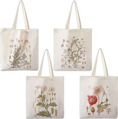 4 Pieces Floral Canvas Tote Bag for Women Book Club Gifts Cute Aesthetic Canvas Bags Bulk Flower Reusable Grocery Shopping Bag Aesthetic for Women