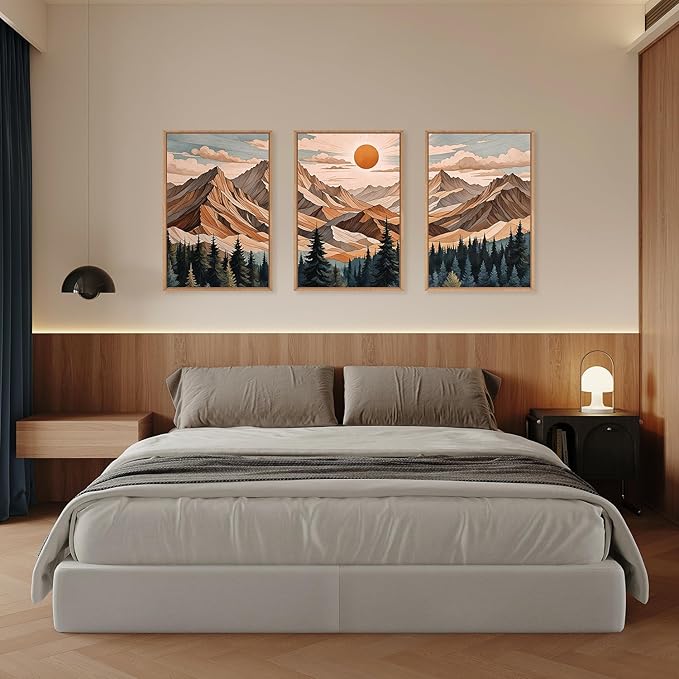 KAIRNE Vintage Mountain Framed Canvas Wall Art Set,Boho Pine Tree Forest Wall Decor,Woodcut Wilderness Landscape Art Prints,Nature Sunrise Artwork for Living Room,Bedroom,Farmhouse,Office-24 x36 x3