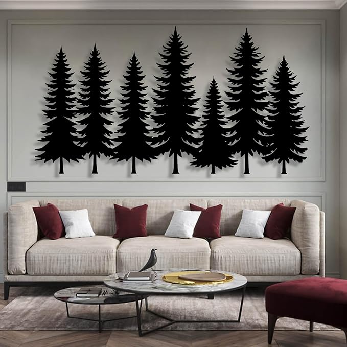 lunwall Metal Pine Tree Wall Art, Metal Forest Wall Art, Pine Branch Wall Decor, Christmas Tree Wall Decor, Forest Wall Hanging, Nature Lover Gift (Style 1, 69" W x 37" H / 175 x 95 cm)