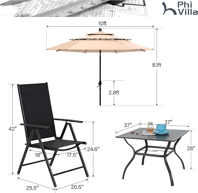 PHI VILLA 5 Piece Patio Dining Set with 10FT Umbrella (Beige), Outdoor Table and Chairs Set with Patio Folding Dining Chairs & Metal Square Dining Table for Yard Garden Deck