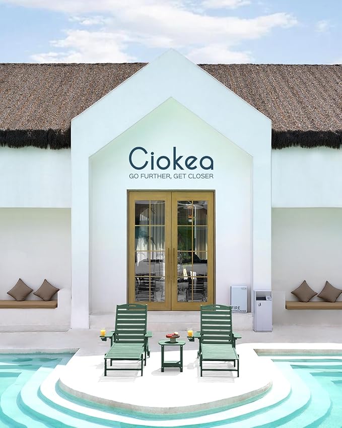 Ciokea Outdoor Lounge Chair with Rolling Wheels & Cup Holder, All Weather Patio Chaise Lounge Chair for Outside, 5 Position, HDPE Chair for Patio Deck, Pool, Green