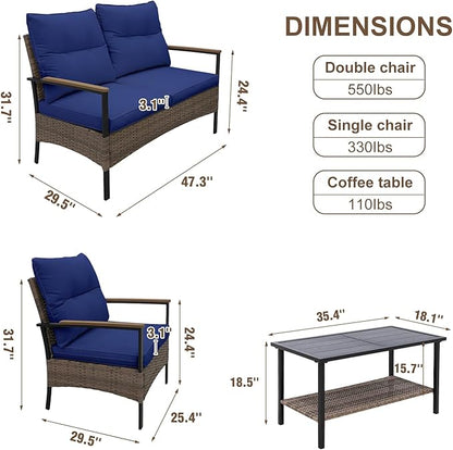 Sunset Escape Wicker Outdoor Furniture, Modern Sofa and Chair Set of 4, Rattan Patio Conversation Set, 2 Patio Chairs, Loveseat and Coffee Table, Brown/Blue