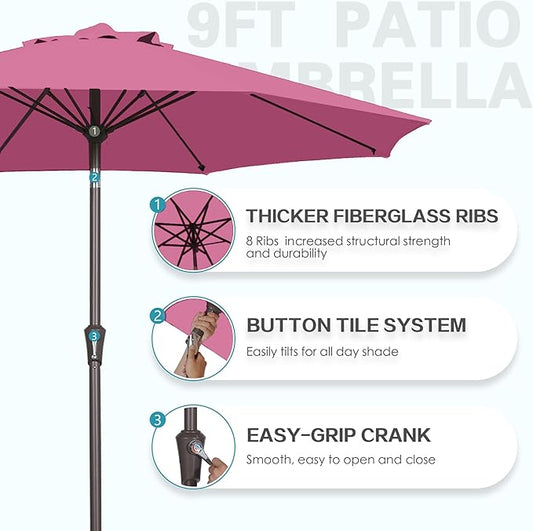 PatioKingdom 9FT Patio Outdoor Umbrella-UPF 50+ Sun Shade with Wind Vent, Push-Button Tilt & Smooth Crank Lift, Rust-Resistant Fiberglass Frame for Garden, Backyard,Yard (Rose Pink, 9FT)