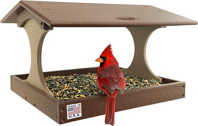 DutchCrafters Amish USA Made Poly Extra Large Fly Through Bird Feeder Post Mount for 4" x 4", Covered Bird Feeder Open Platform Seed Tray for Outdoor, Outside, Garden, Yard (Tudor Brown & Weatherwood)