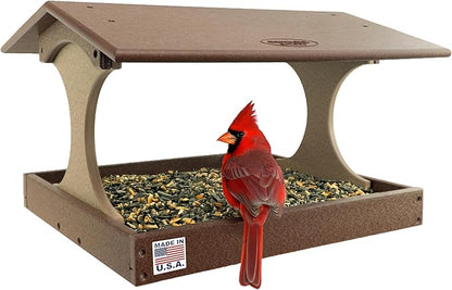 DutchCrafters Amish USA Made Poly Extra Large Fly Through Bird Feeder Post Mount for 4" x 4", Covered Bird Feeder Open Platform Seed Tray for Outdoor, Outside, Garden, Yard (Tudor Brown & Weatherwood)