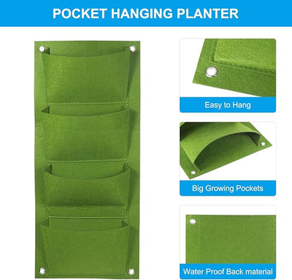 PATIKIL 4 Pockets Vertical Hanging Grow Bags, Wall Hanging Planter Bags Wall-Mounted Felt Fabric Planting Grow Bags for Garden Home Decoration, Green