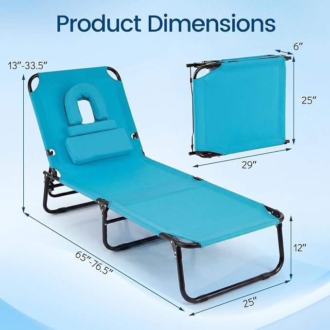 Giantex Folding Beach Tanning Chair - Adjustable Patio Lounge Chair w/Face Hole, Removable Pillows, Carry Strap, Layout Chair, Sunbathing Chaise Lounge Outdoor for Poolside Yard Lawn (2, Turquoise)