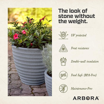ARBORA 16" Ibiza Polyresin Indoor and Outdoor Planter with Stone Blend Concrete Gray Finish - Durable, Weatherproof, Lightweight, Large Plant Pot for Patio, Garden, Deck, Entryway - 2 Pack