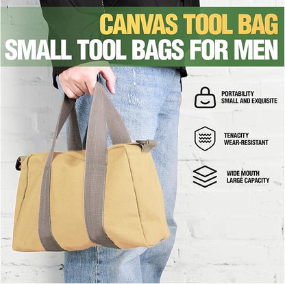 Small Tool Bag, Canvas Tool Storage Bag, Large Capacity Multipurpose Zipper Soft Tote Organizer Pouch for Electrician, Plumbing, Gardening,Tools Bags for Men (Khaki, 14 Inch)